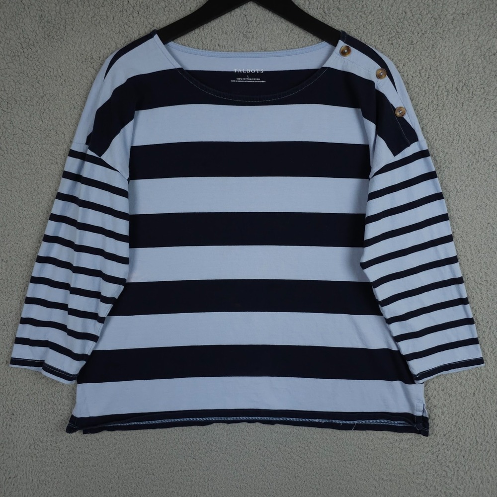 Talbots Shirt Womens Large Blue Striped Button Shoulder 3/4 Sleeve Cotton Top